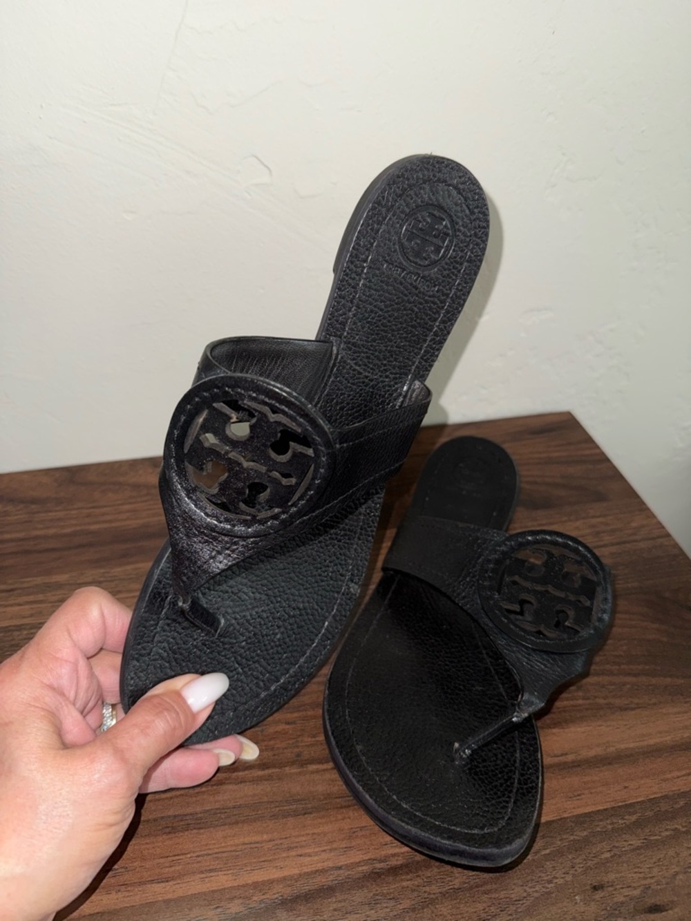 Tory Burch Black Leather Logo Thong Sandals